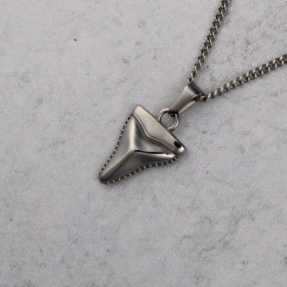 Silver Shark Tooth Pendant Chain Necklace Stainless Steel